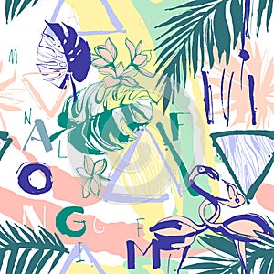 Seamless pattern of Tropical birds, palms, flowers and letters.