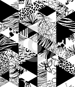 Seamless pattern Tropical birds, palms, flowers, triangles. Grunge ink style.