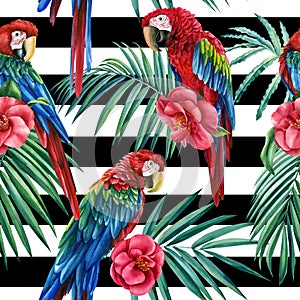 Seamless pattern of tropical birds, parrot and palm leaves with camellia flowers on a black white geometric background