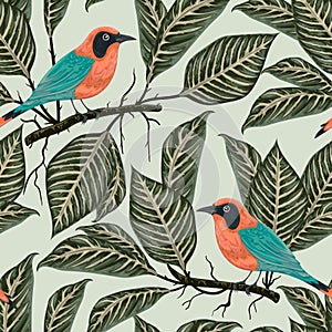 Seamless pattern with tropical birds and plants. Exotic flora and fauna.