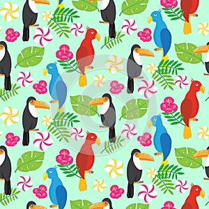 Seamless pattern with tropical brazilian tucans and parrots photo