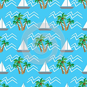 Seamless pattern tropical coconut palm trees and waves