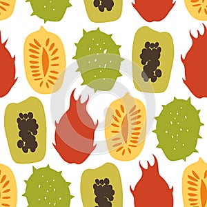 Seamless pattern with tropical exotic fruits, mango, papaya, durian, carambola, vector drawn background.