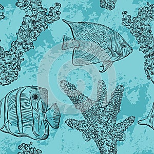 Seamless pattern with tropical fish, marine plants and corals. Vintage hand drawn vector illustration marine life.