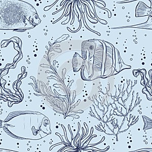 Seamless pattern with tropical fish, marine plants and seaweed. Vintage hand drawn vector illustration marine life.