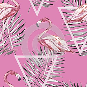 Seamless pattern with tropical Flamingo and leaves.