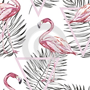 Seamless pattern with tropical Flamingo and leaves. Element for design of invitations, movie posters, fabrics and other