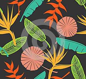 Seamless pattern with tropical flowers heliconia, bird of paradise, fan, banana palm leaf