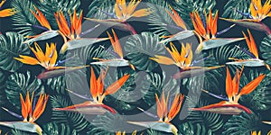 Seamless pattern with tropical flowers and leaves. Strelitzia flowers, Monstera and Palm leaves.