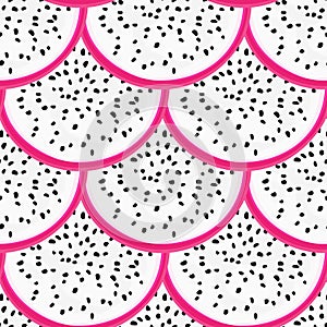 Seamless pattern with tropical fruits. Healthy dessert. Fruity background. Dragon fruit or pitaya. Exotic food