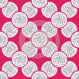Seamless pattern with tropical fruits. Healthy dessert. Fruity background. Dragon fruit or pitaya. Exotic food