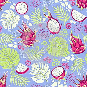 Seamless pattern with tropical fruits, leaves and abstract bright colored blotches, stains, drops.