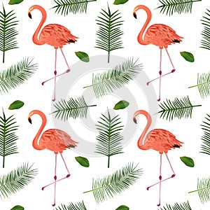 Seamless pattern with tropical leaf and pink flamingo. Beautiful pink bird and palm leaves on white background. Vector
