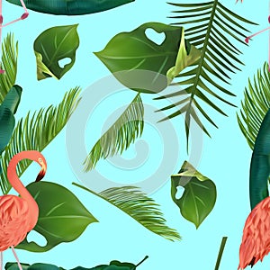 Seamless pattern with tropical leaf and pink flamingo for your design, wallpapers, textile on blue background. Vector