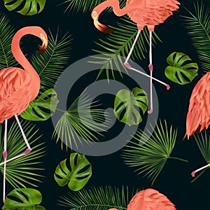 Seamless pattern with tropical leaf and pink flamingo for your design, wallpapers, textile on dark background. Vector