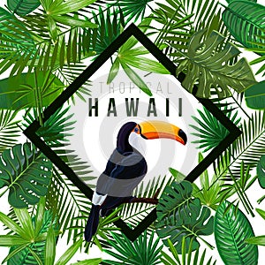 Seamless pattern with tropical leaves and bird toucan on a branch