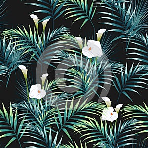 Seamless pattern with tropical leaves and callas lilies flowers.