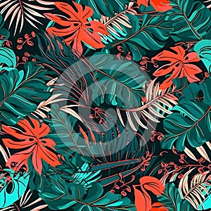 Seamless pattern with tropical leaves. Colorful vector illustration