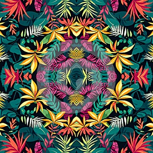 Seamless pattern with tropical leaves on dark background