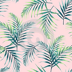 Seamless pattern with tropical leaves. Dark and bright green palm leaves on the light pink background.