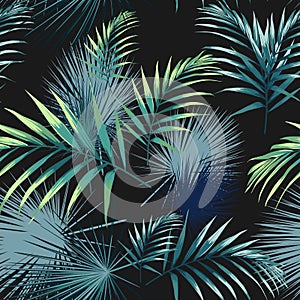 Seamless pattern with tropical leaves. Dark green palm leaves on the black background.