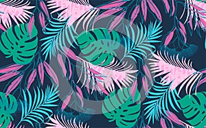 Seamless pattern of tropical leaves, dense jungle blue turquoise pink colors.