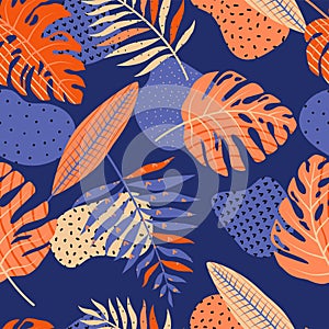 Seamless pattern of tropical leaves and doodle elements. Summer background