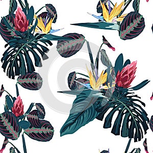 Seamless pattern with tropical leaves and exotic flowers. Blue palm leaves and exotic flowers on the white background.