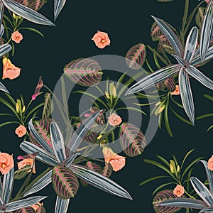Seamless pattern with tropical leaves and exotic flowers. Dark and bright palm leaves on the black background.