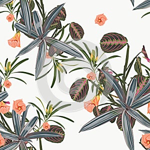 Seamless pattern with tropical leaves and exotic flowers. Dark and bright palm leaves on the white background