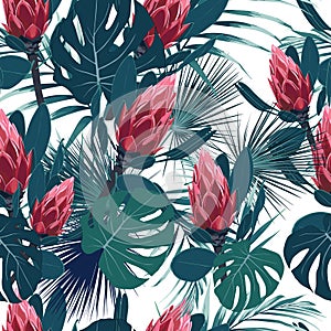 Seamless pattern with tropical leaves and exotic protea flowers. Bright green palm leaves on the white background.