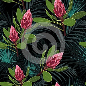 Nahtlos Muster tropisch Blätter a exotisch Blumen. klar Grün Palme Blätter auf der weiß 