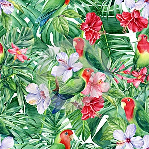 Seamless pattern of tropical leaves, flowers and lovebirds parrots, jungle background, watercolor painting