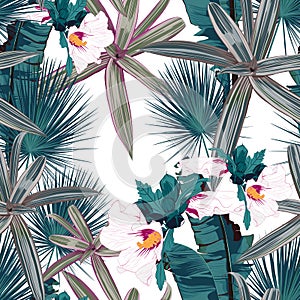 Seamless pattern with tropical leaves and hibiscus flowers. Dark and bright green palm leaves on the white background.