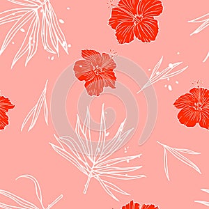 Seamless pattern with tropical leaves and hibiscus. Hand drawn texture with palm tree leaf and flower.