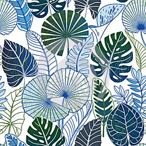 Seamless pattern with tropical leaves on a light background.