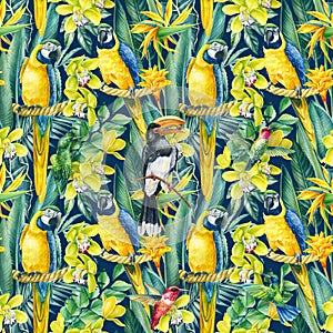 Seamless pattern of tropical leaves, orchid flowers and macaw parrots, jungle background, watercolor painting