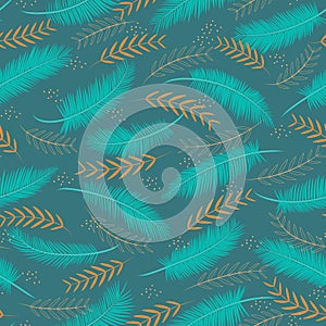 Seamless pattern with tropical leaves and palm branches. Trendy texture in bright blue, green, orange tones. Turquoise background