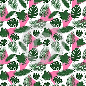 Seamless pattern with tropical leaves, palm trees, monstera and pink triangles.flat style. Botanical pattern with green leaves on