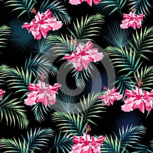 Seamless pattern with tropical leaves and paradise pink hibiscus flowers.