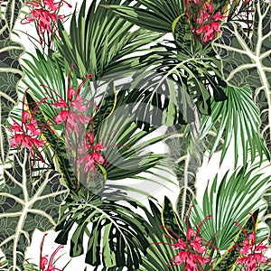 Seamless pattern with tropical leaves and paradise red protea flowers. Bright green palm monstera leaves on the white background.