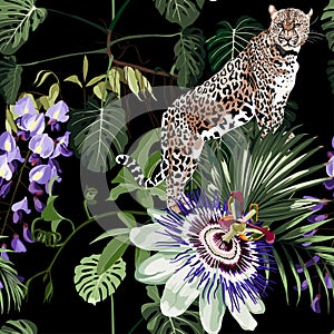 Seamless pattern with tropical, leaves, passiflora flowers and leopard animal. Illustration on black background.