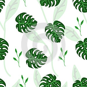 Seamless pattern of tropical leaves on a white background for textiles