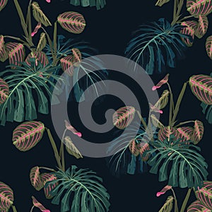 Seamless pattern with tropical monstera leaves and exotic plants. Dark and bright palm leaves on the black background.