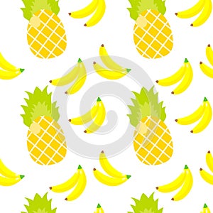 Seamless pattern. Tropical ornament yellow bananas and pineapples