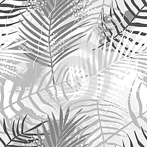 Seamless pattern of tropical palm leaves, Arecaceae leaf, brush shape. Exotic collection of silhouette plant, grunge texture. Hand