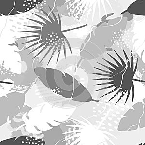 Seamless pattern of tropical palm leaves, banana, palmate leaf, brush shape. Exotic collection of silhouette plant, grunge texture