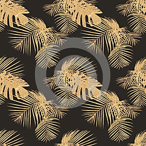 Seamless pattern with tropical palm leaves made with golden glitter, vintage, grunge background.