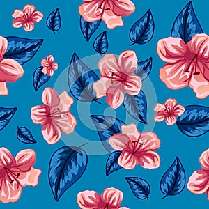 Seamless pattern of tropical pink flowers and leaves. Hibiscus and palm tree pink and blue vector for printing.