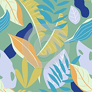 Seamless pattern with tropical plants on blue background. Vector design. Flat jungle print. Floral background.